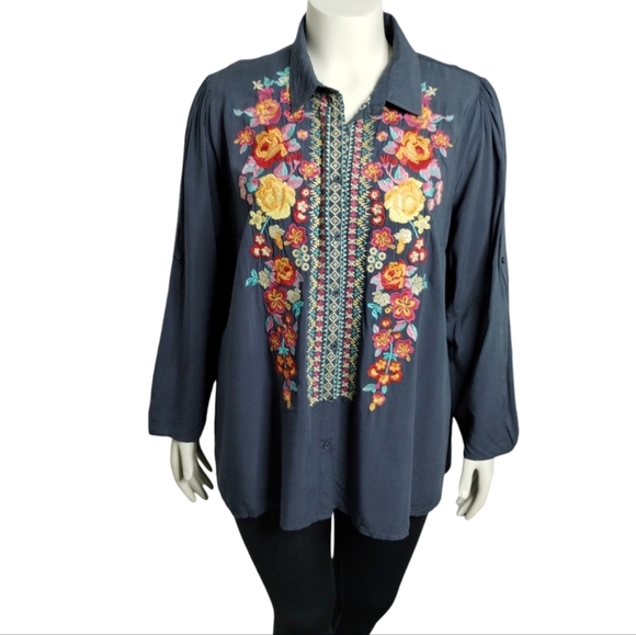 Giddy Up Glamour Women's Embroidered‎ Floral Boho Cottagecore Colorful Top 1X - Picture 2 of 7